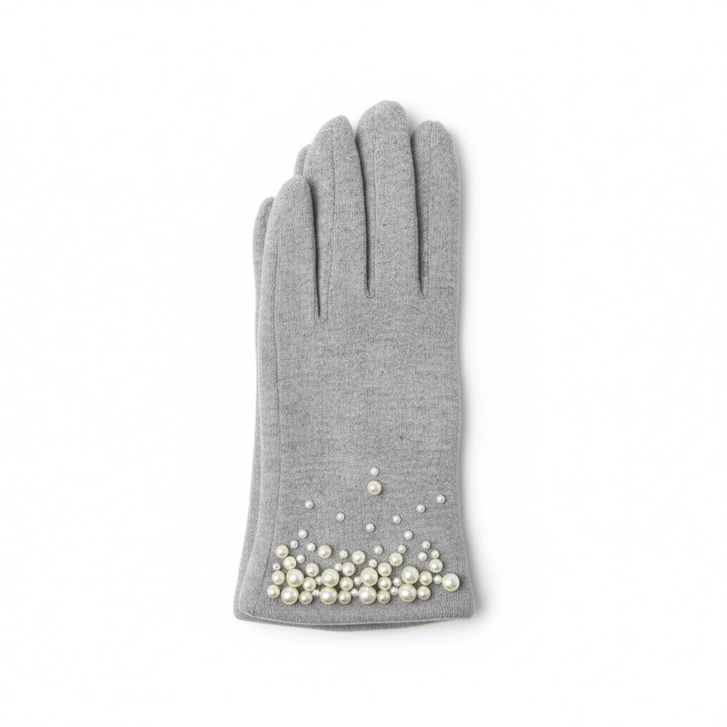Pearl-Embellished Faux Fur Lined Gloves - Light Grey