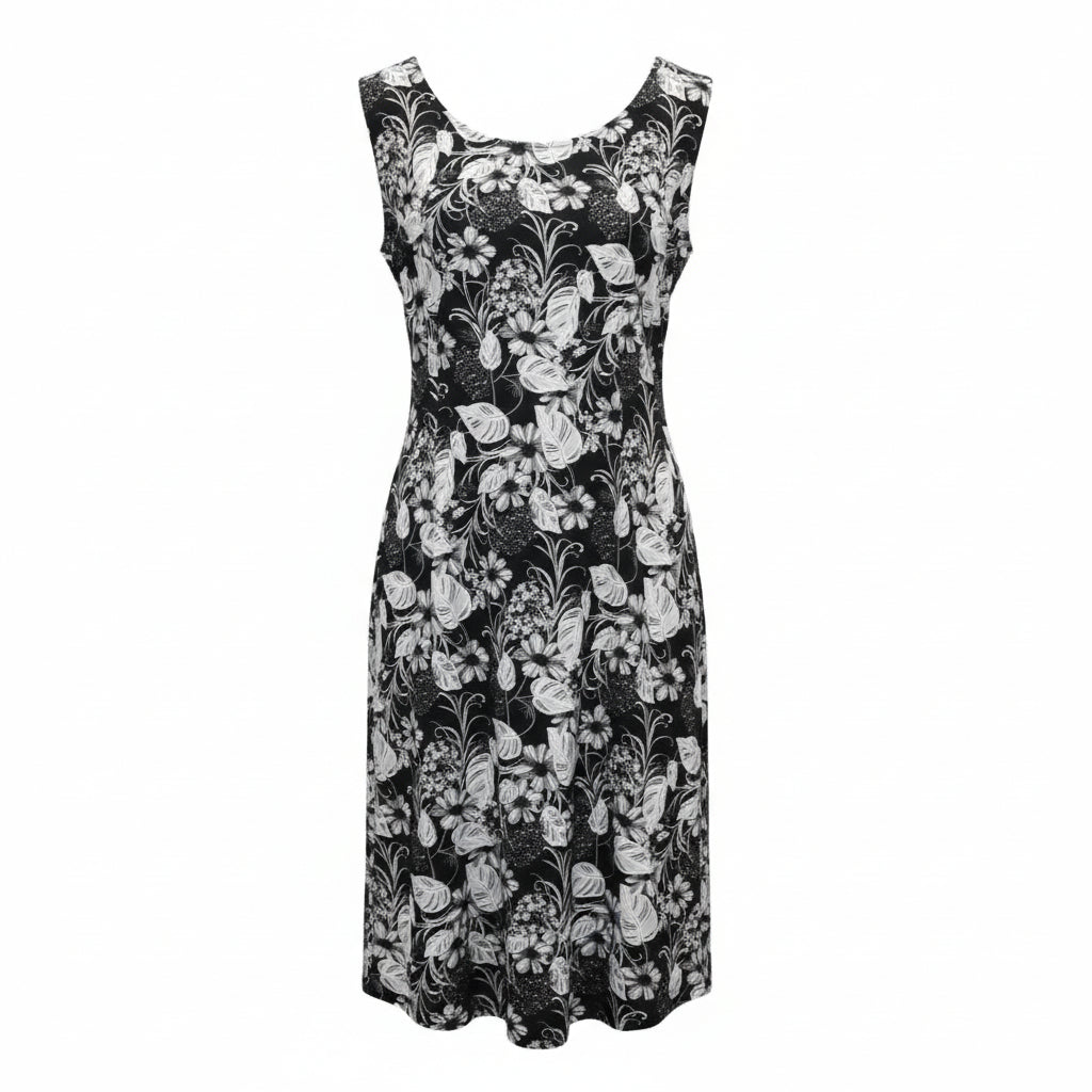 Textured Floral Scroll Print - Black & White Sleeveless Dress
