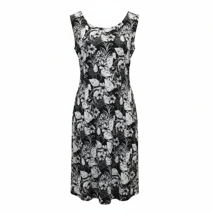 Textured Floral Scroll Print - Black & White Sleeveless Dress