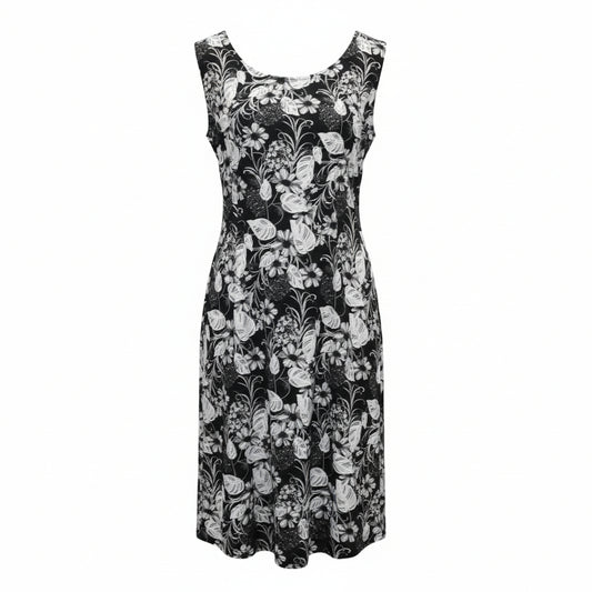 Textured Floral Scroll Print - Black & White Sleeveless Dress