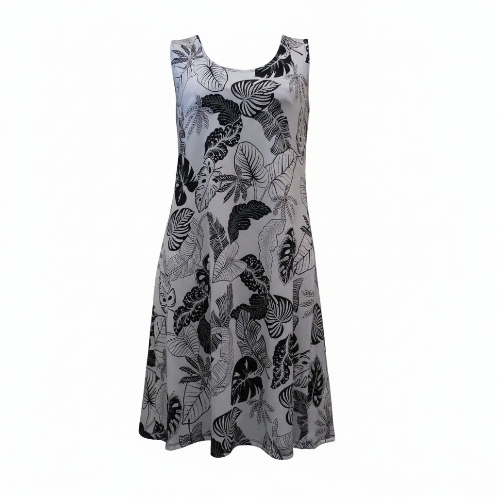Floral White & Black Sleeveless Dress
