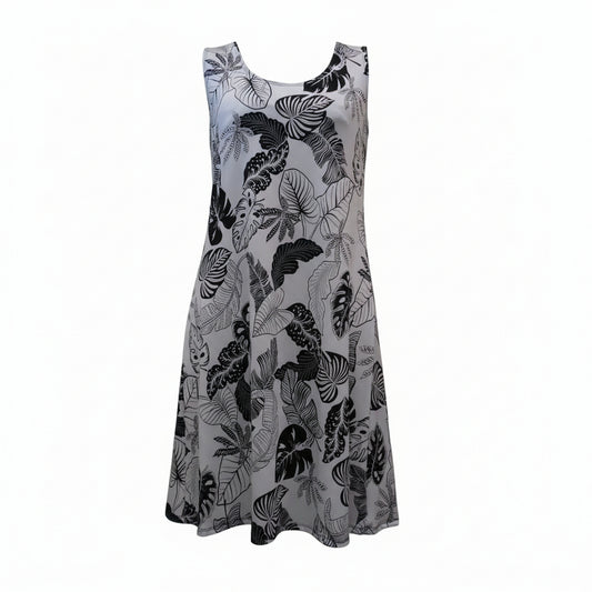 Floral White & Black Sleeveless Dress