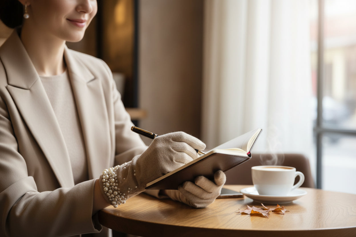 Pearl-Embellished Faux Fur Lined Gloves - Neutral Beige