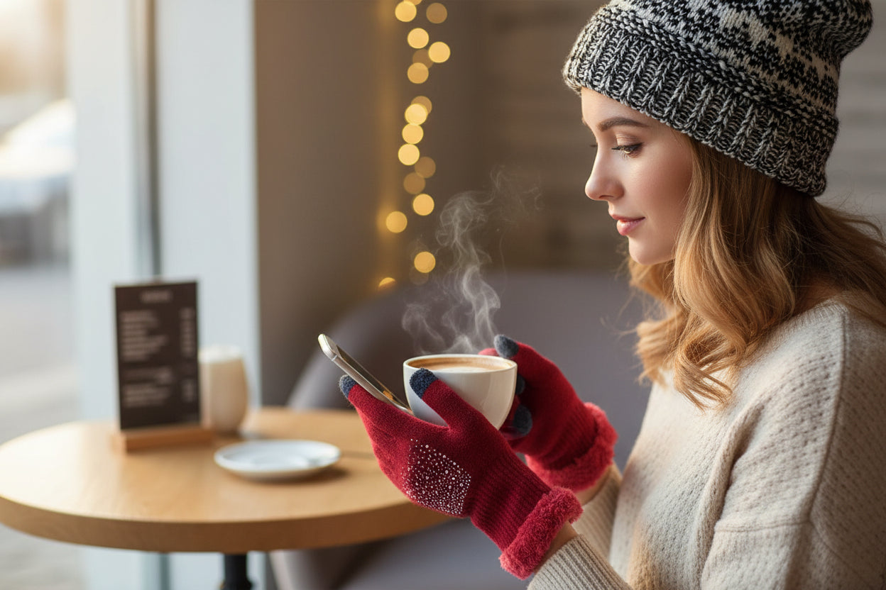Women’s Embellished Fleece-Lined Knit Gloves - Burgundy