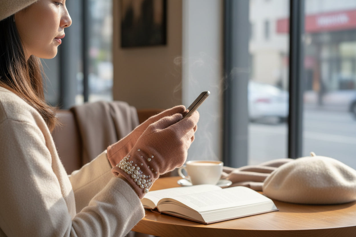 Pearl-Embellished Faux Fur Lined Gloves - Soft Pink