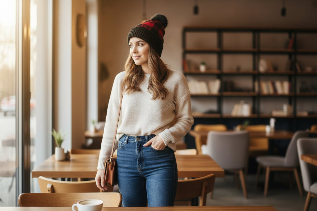 Buffalo Check Pom Beanie – Red & Black