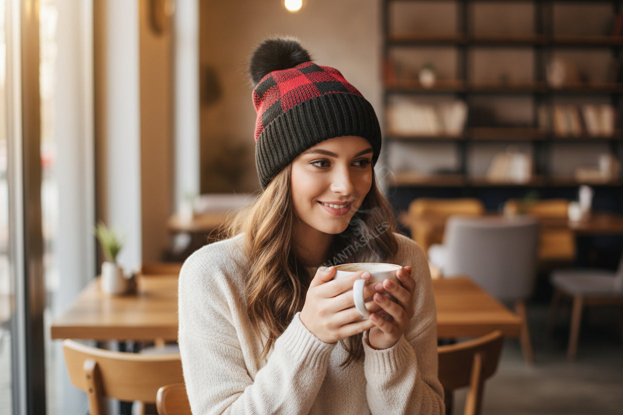 Buffalo Check Pom Beanie – Red & Black