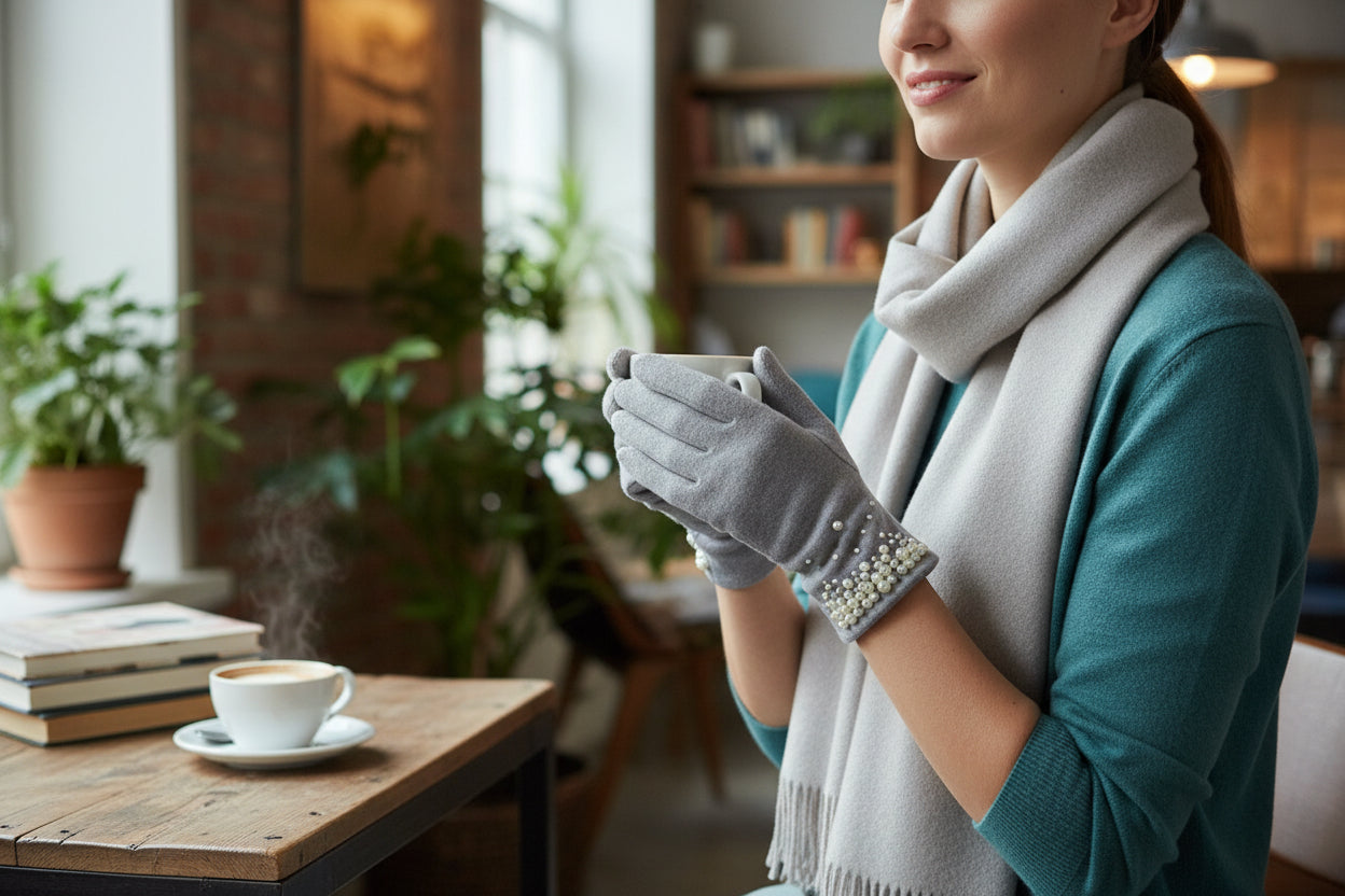 Pearl-Embellished Faux Fur Lined Gloves - Light Grey