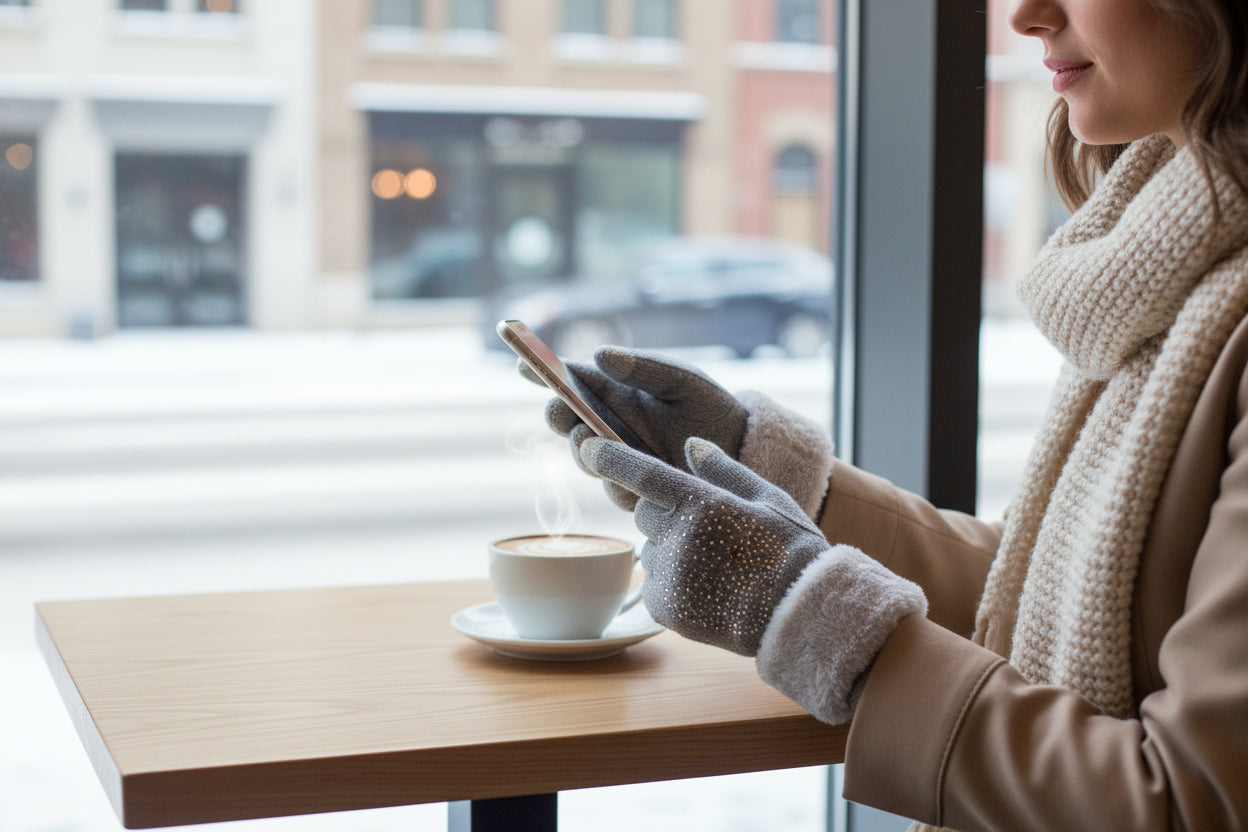 Women’s Embellished Fleece-Lined Knit Gloves - Grey