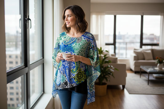 Chiffon Overlay Blouse with Built-In Tank – Blue & Green Print