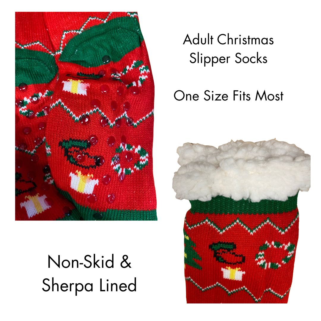 Adult Sherpa Lined Slipper Socks - Holiday Print