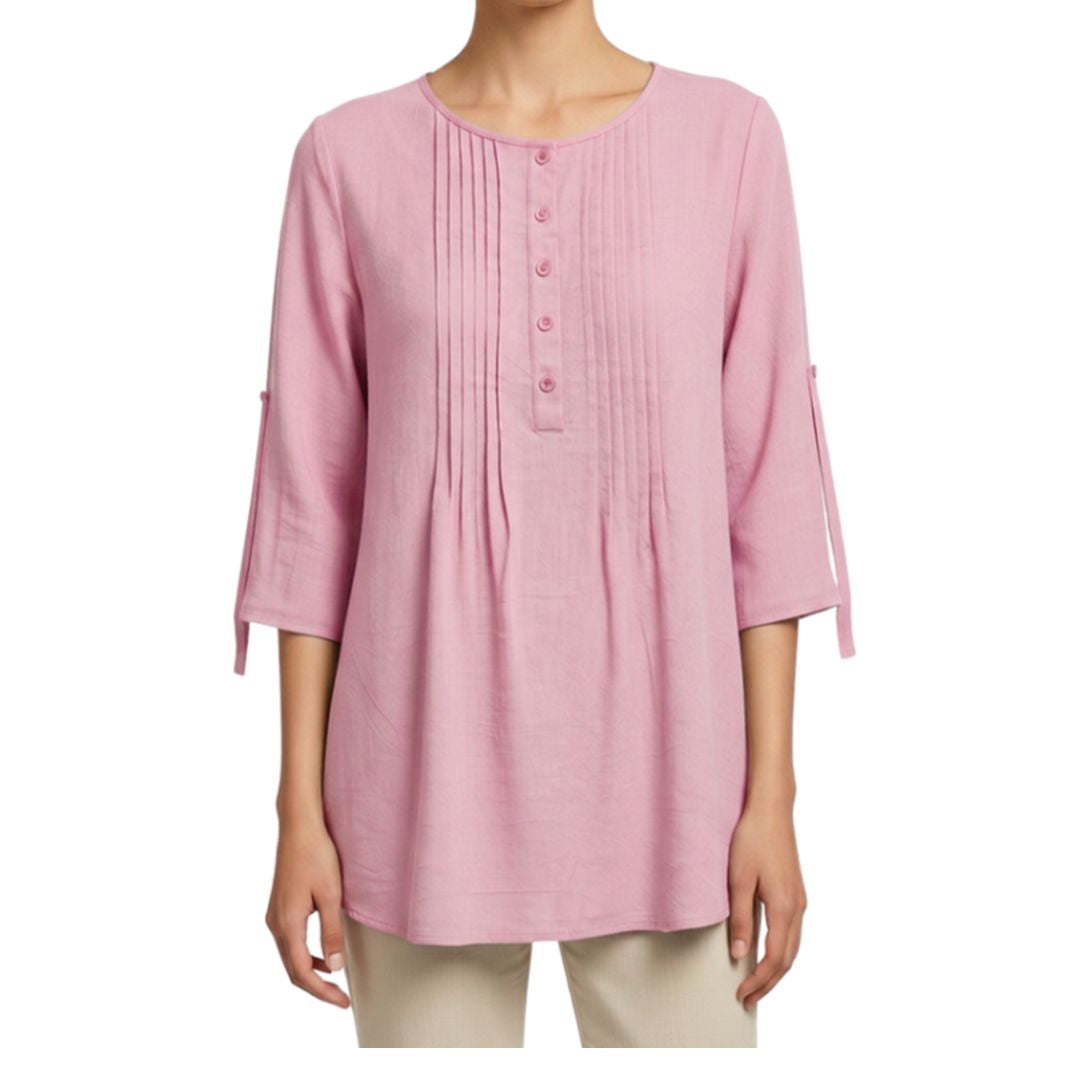 100% Cotton Pleated Longline Top by Fiori. Pink