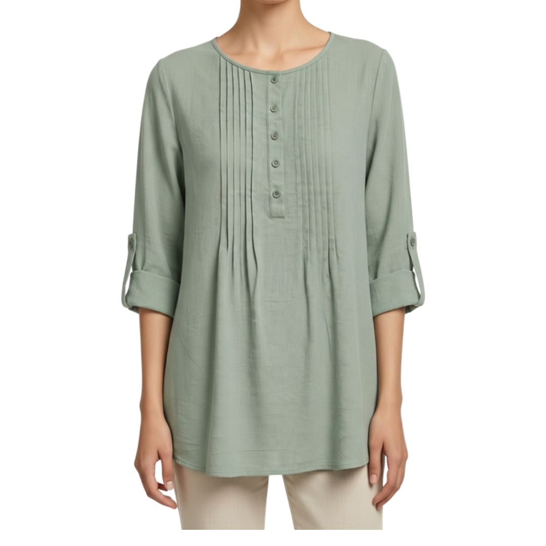 100% Cotton Pleated Longline Top by Fiori. Sage Green