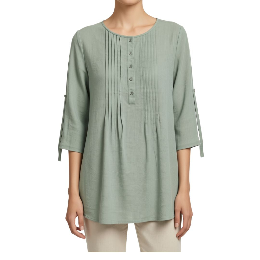 100% Cotton Pleated Longline Top by Fiori. Sage Green