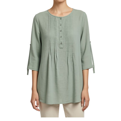 100% Cotton Pleated Longline Top by Fiori. Sage Green