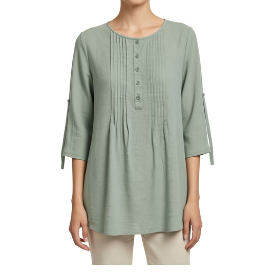 100% Cotton Pleated Longline Top by Fiori. Sage Green