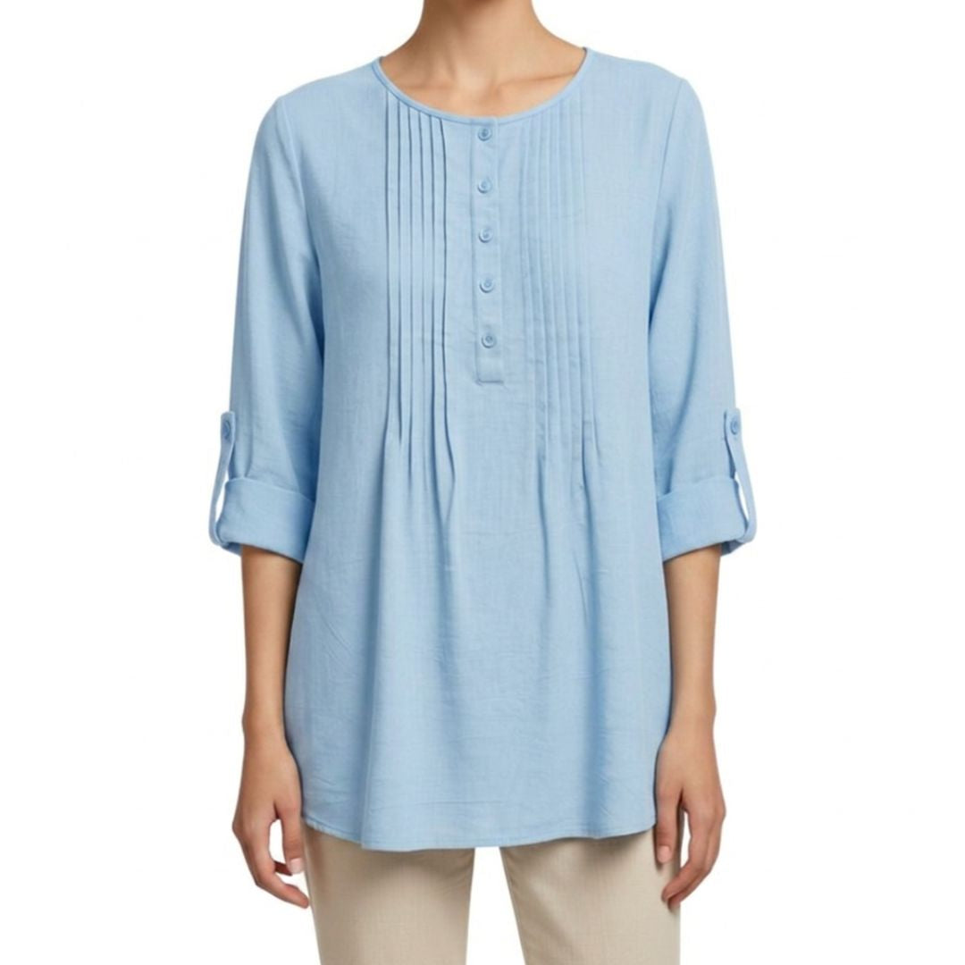 100% Cotton Pleated Longline Top by Fiori. Sky Blue
