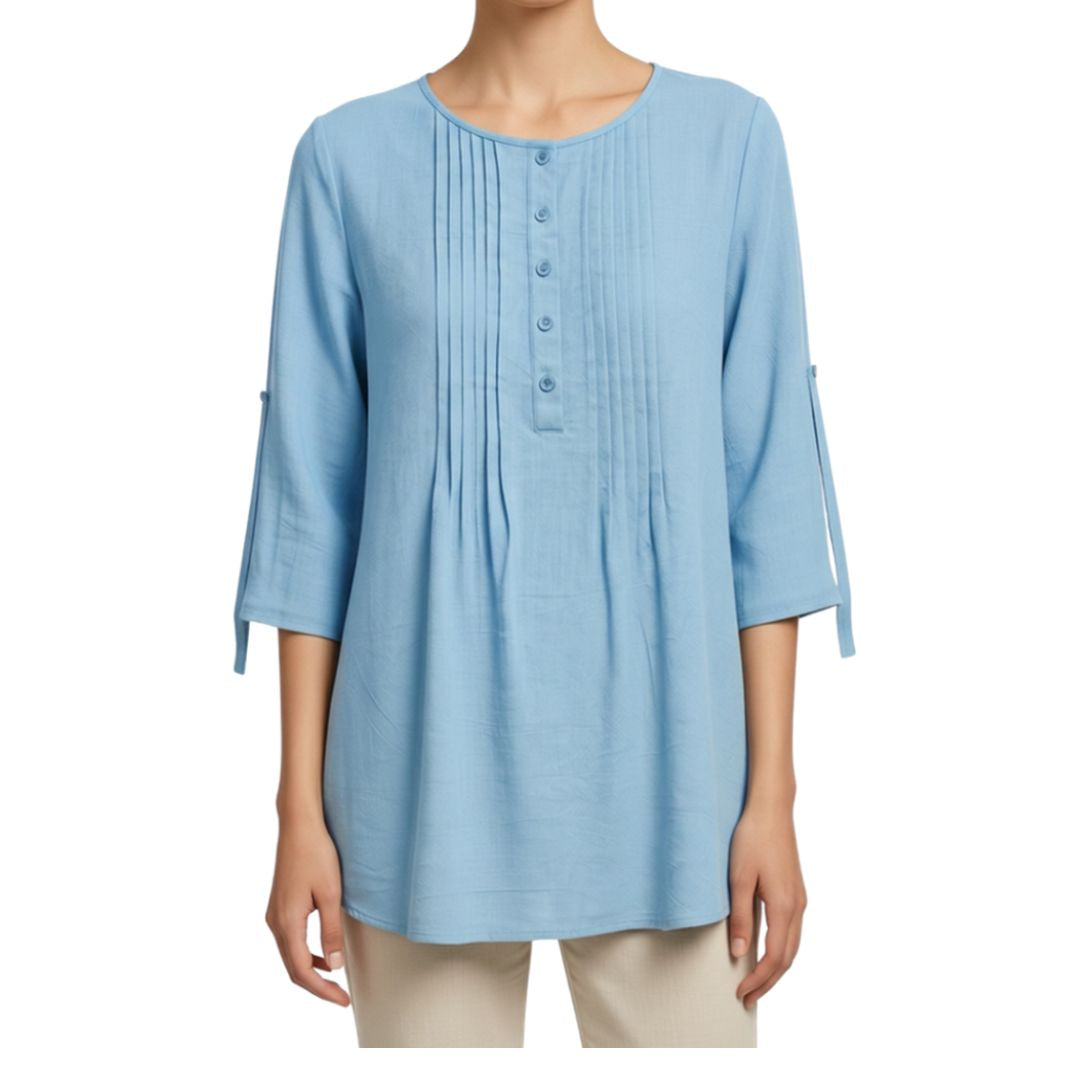 100% Cotton Pleated Longline Top by Fiori. Sky Blue