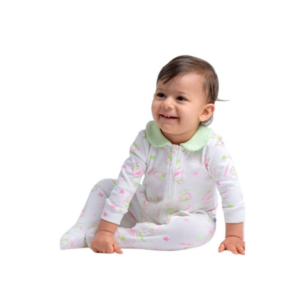 Infant Sleeper - Pink & Green "ladies" print with green collar