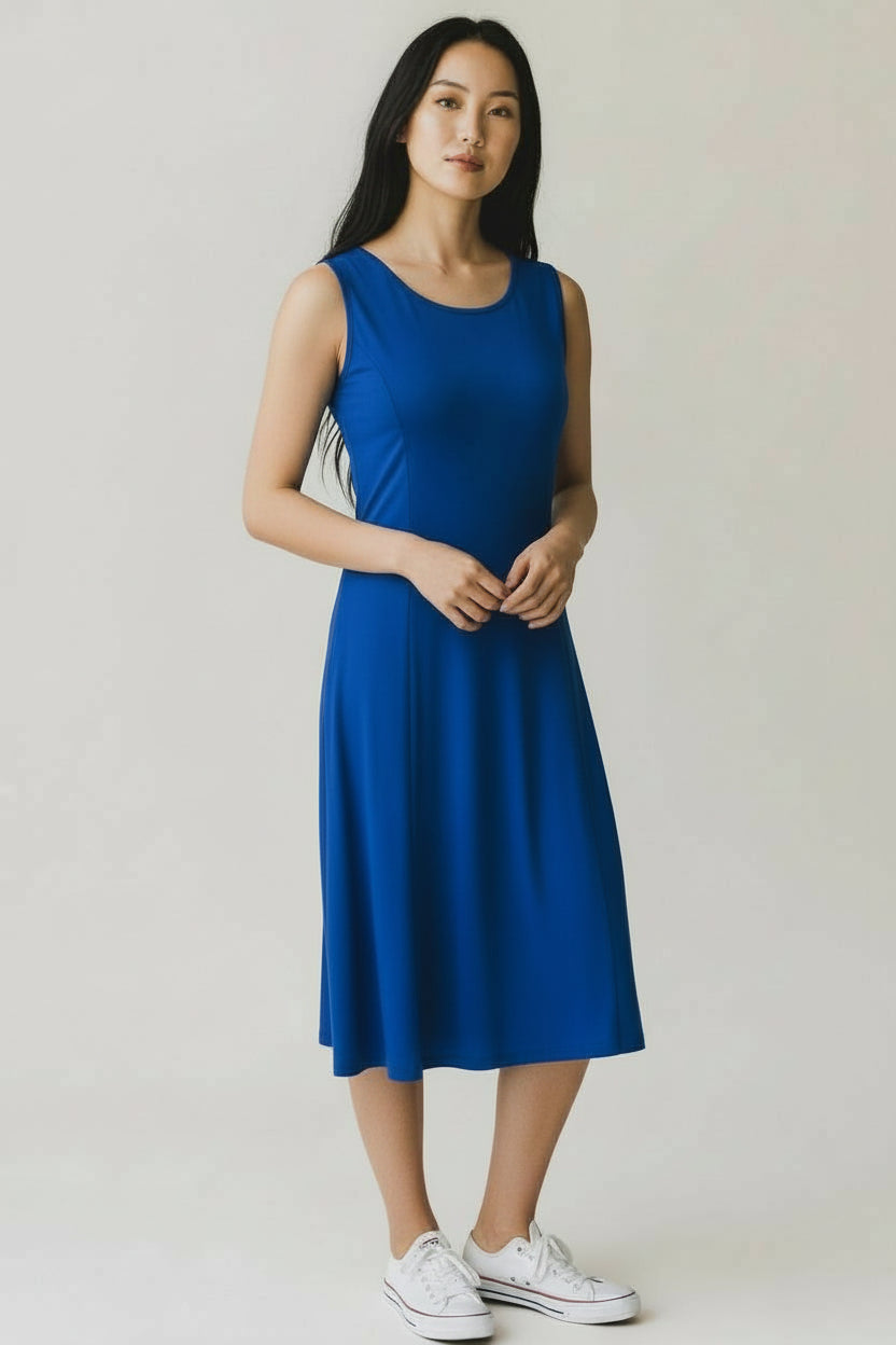 Solid Fit & Flare Sleeveless Dress by Fiori. Blue