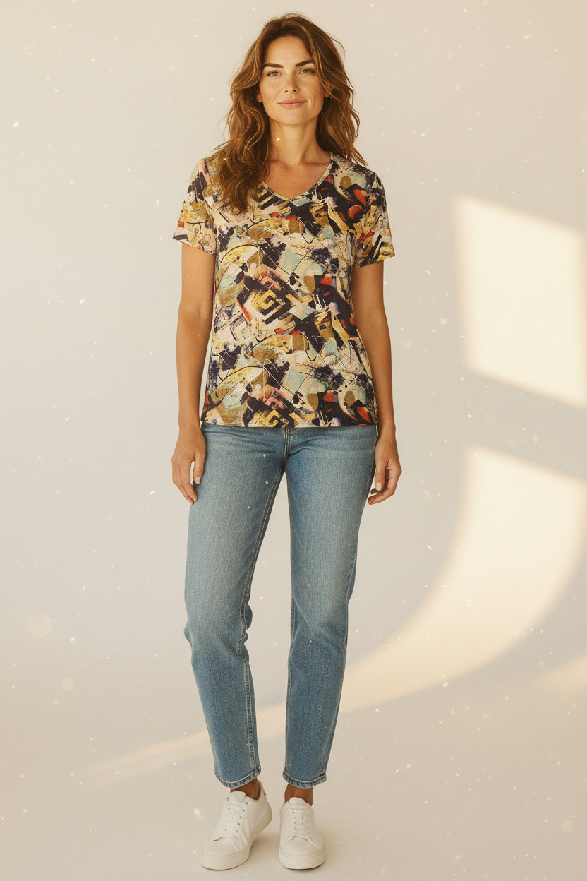 Abstract Print V-Neck Top by Julia Divina