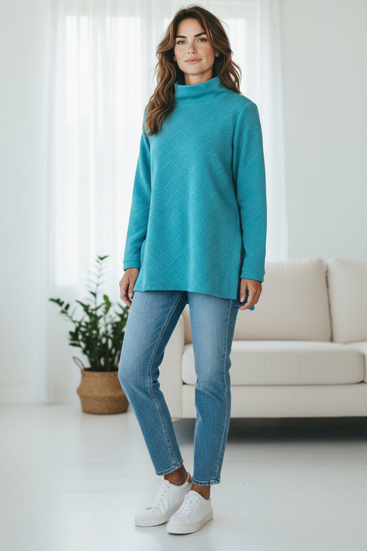 Flutter Neck Pullover. Turquoise