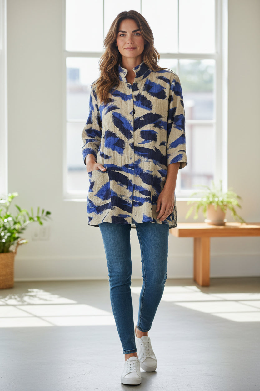 Abstract Print Snap-Front Tunic Blouse by Creation