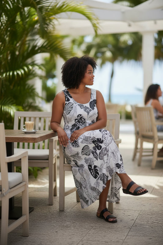 Floral White & Black Sleeveless Maxi Dress