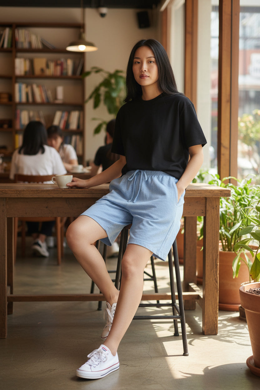 Effortless Cotton Drawstring Shorts. Sky Blue.