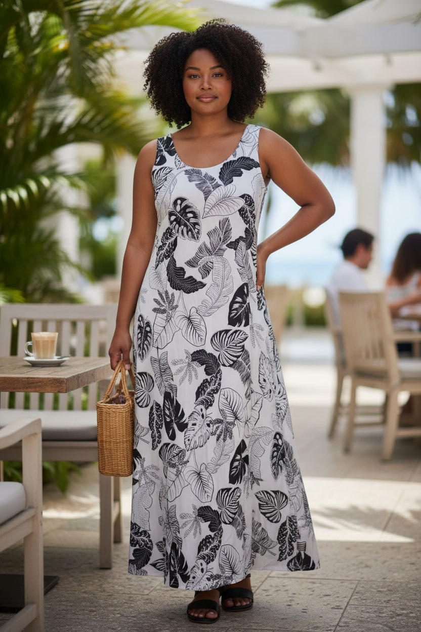 Floral White & Black Sleeveless Maxi Dress