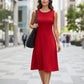 Solid Fit & Flare Sleeveless Dress by Fiori. Red