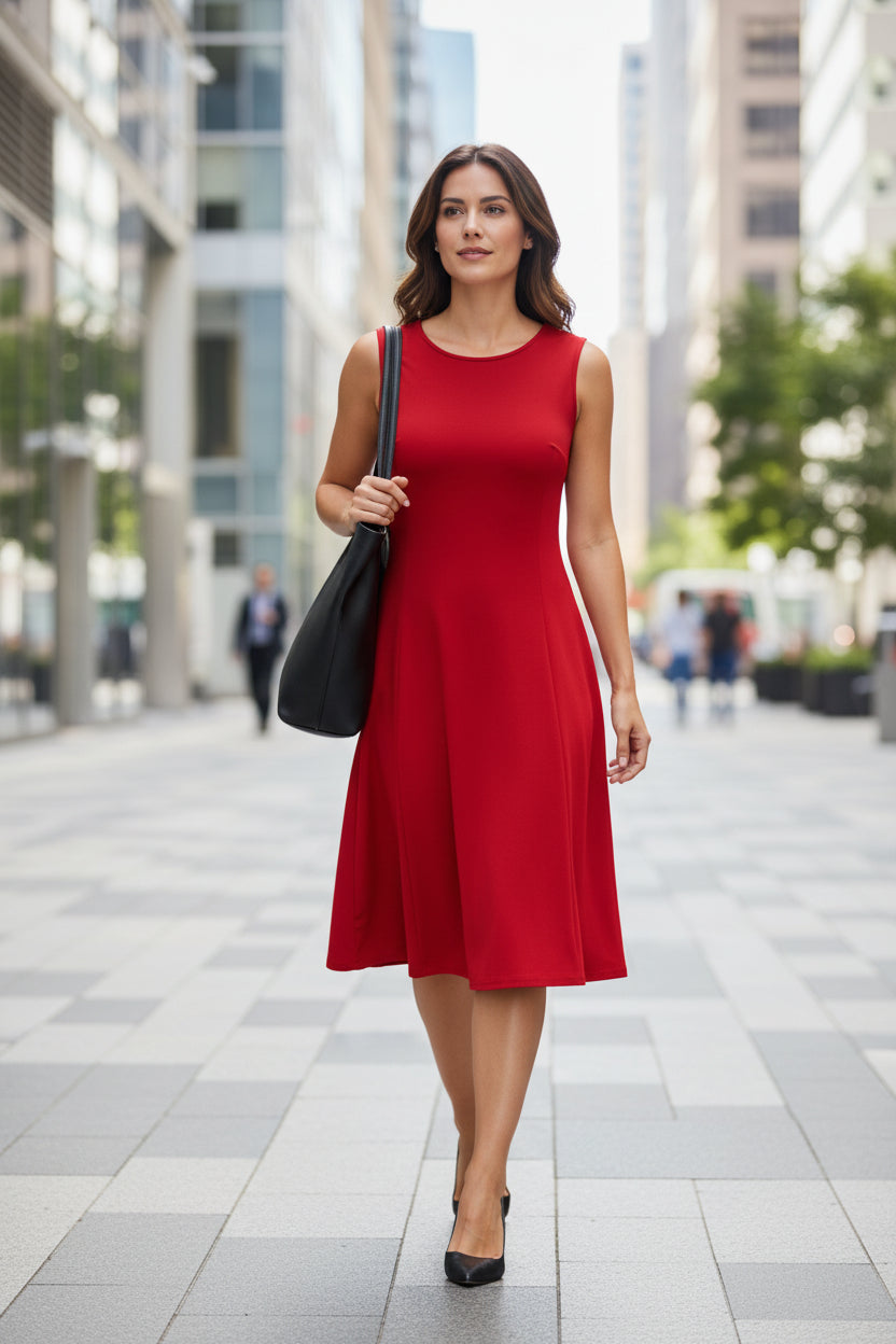 Solid Fit & Flare Sleeveless Dress by Fiori. Red