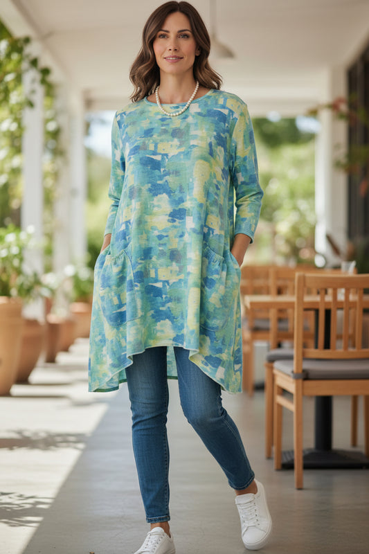 High-Low Tunic Dress with Pockets – Blue & Yellow