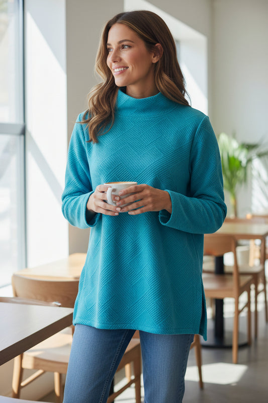 Flutter Neck Pullover. Turquoise
