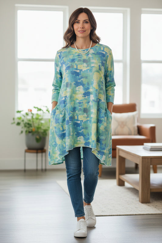 High-Low Tunic Dress with Pockets – Blue & Yellow