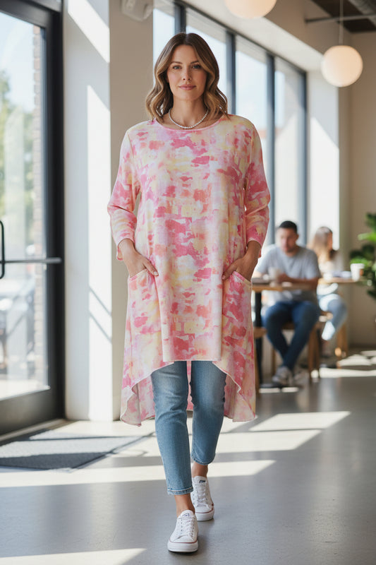 High-Low Tunic Dress with Pockets – Pink & Yellow
