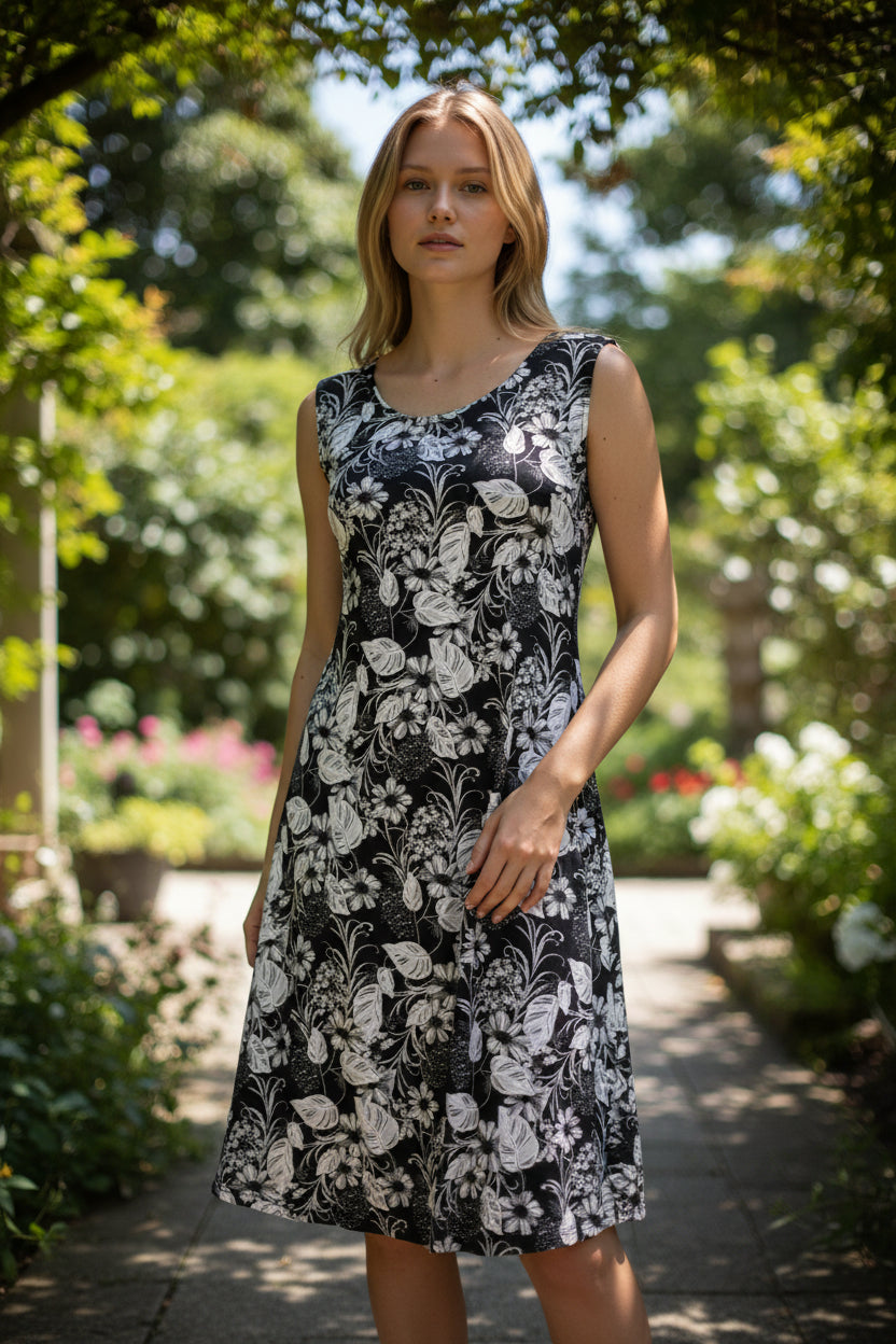 Textured Floral Scroll Print - Black & White Sleeveless Dress