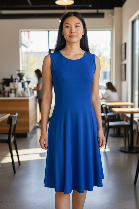 Solid Fit & Flare Sleeveless Dress by Fiori. Blue
