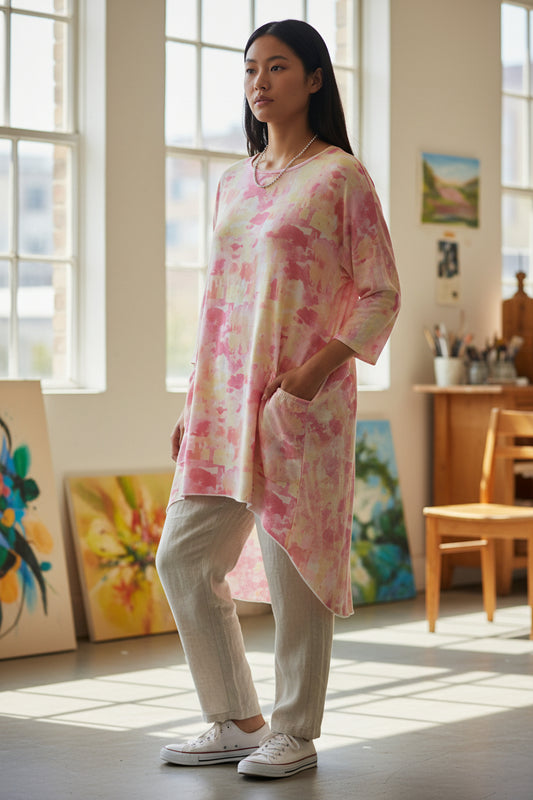 High-Low Tunic Dress with Pockets – Pink & Yellow