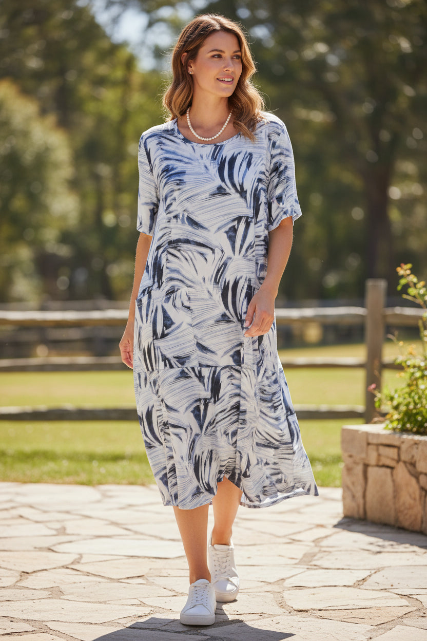 Printed Midi Dress with Asymmetrical Hem – Blue