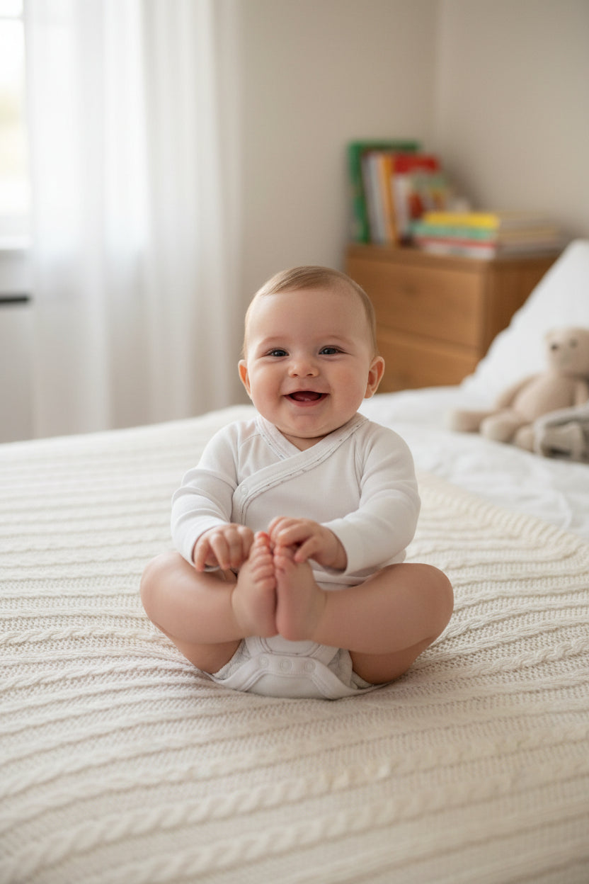 Infant Long Sleeve Bodysuit/Onesie White with blue/red dot trim