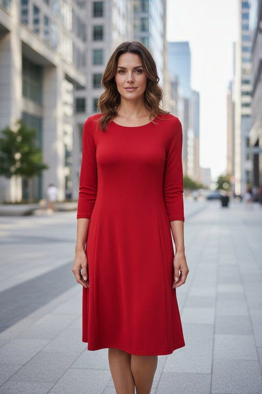 Solid Fit & Flare Dress by Fiori. Red
