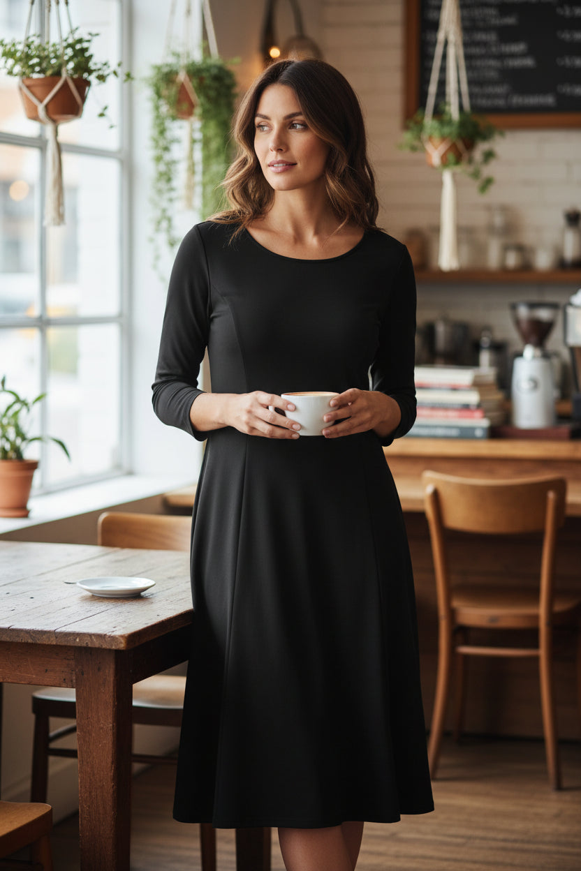 Solid Fit & Flare Dress by Fiori. Black