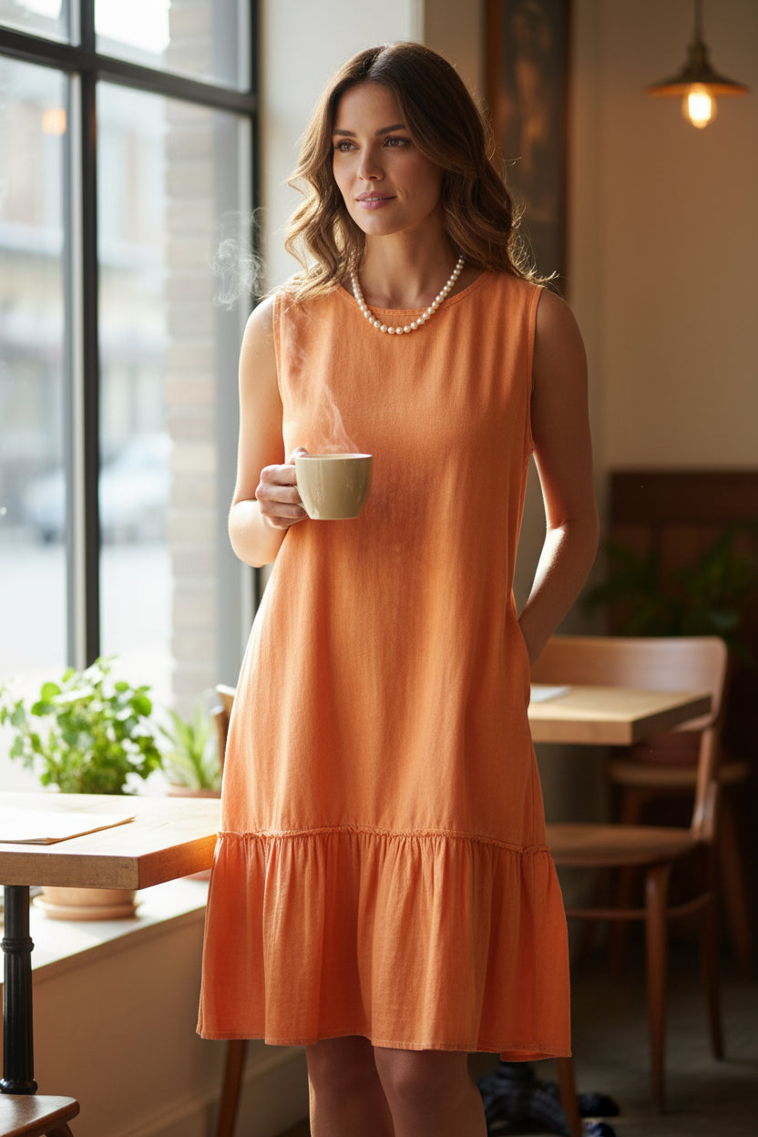 Sleeveless Hi-Low Cotton Dress – Orange