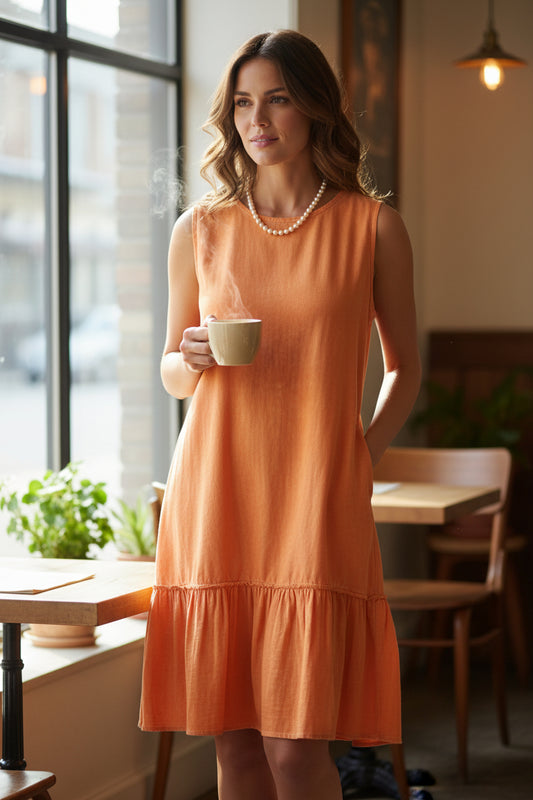 Sleeveless Hi-Low Cotton Dress – Orange