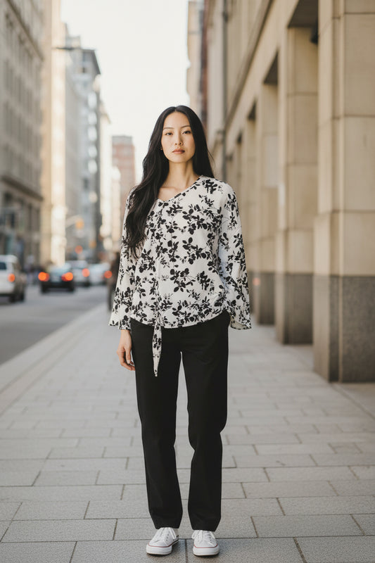 White and Black Floral Blouse by Creation