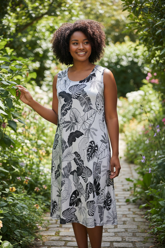 Floral White & Black Sleeveless Dress
