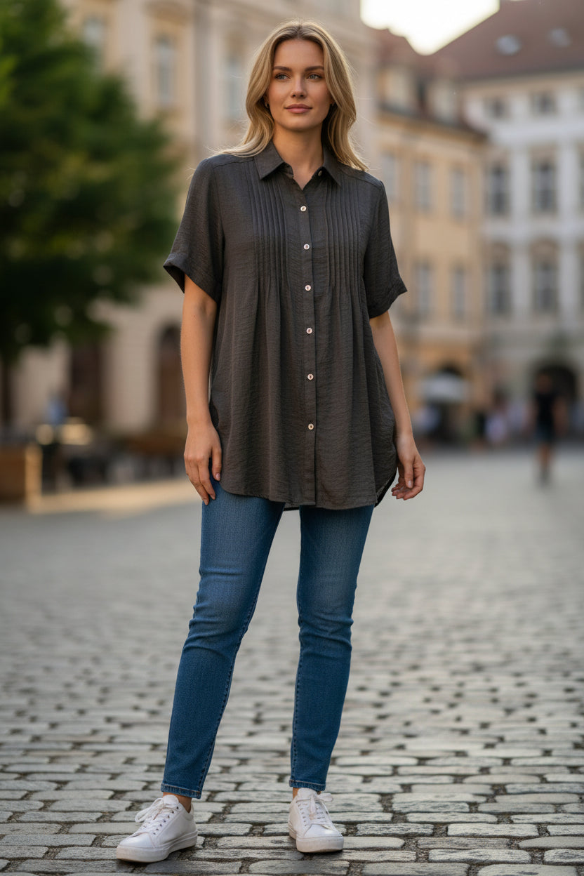 Black Button-Up Tunic with Adjustable Side Tabs