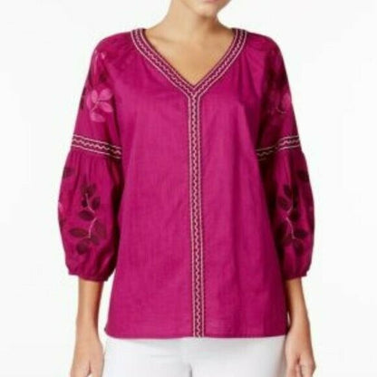 Charter Club Cotton Embroidered Bubble-Sleeve Top. MSRP $120