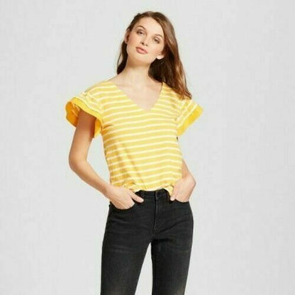 'A New Day' Yellow Striped Ruffle Sleeve T-shirt Top